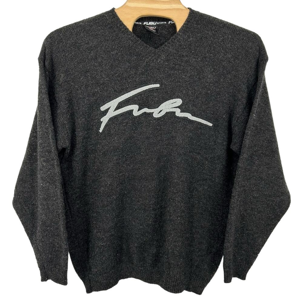 Vintage y2k FUBU Sweater Mens 2XL Dark Grey V Neck The Collection Wool Blend